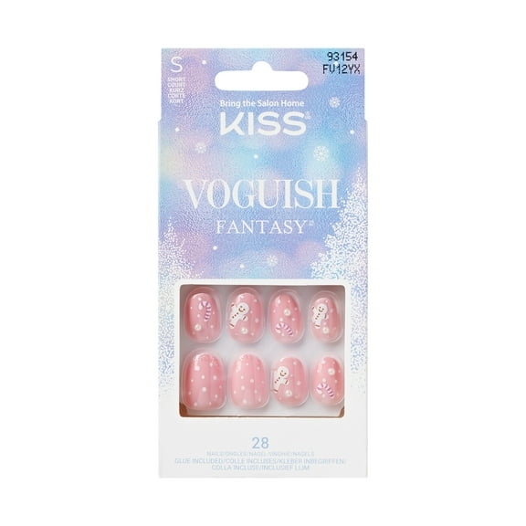 KISS Voguish Fantasy, Holiday Press on Nails, Happy Mittens, Pink, Short Oval, 28 Count
