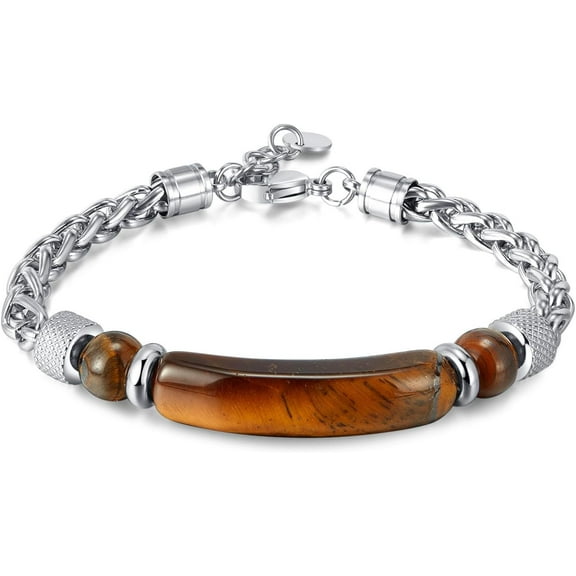 Tiger Eye Stainless Steel Bracelet for Men Natural Tiger Eye Crystal Stone Jewelry Handmade Courage and Stress Reduction Protection Bracelet