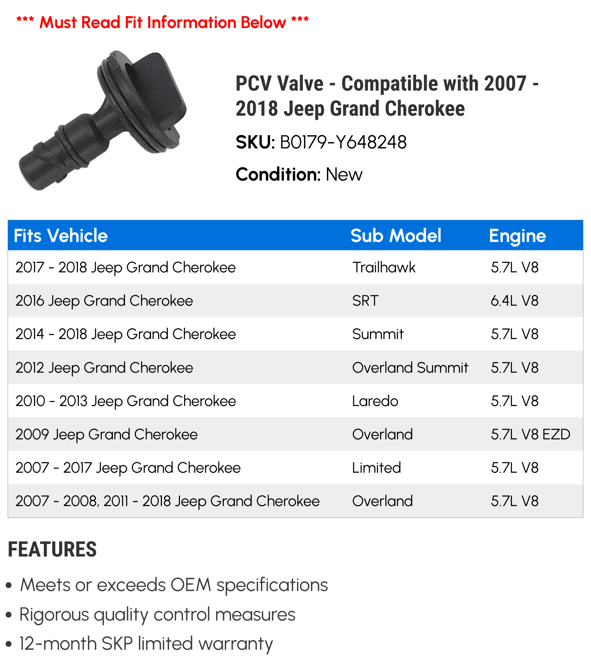 PCV Valve - Compatible with 2007 - 2018 Jeep Grand Cherokee 2008 2009 2010 2011 2012 2013 2014 2015 2016 2017