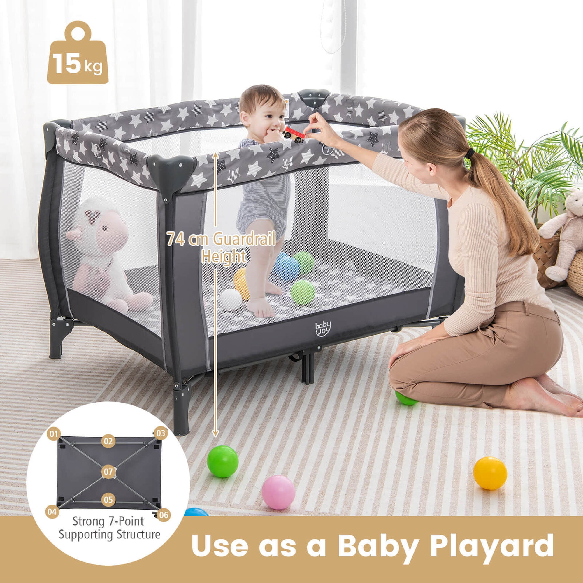 Costway Portable Baby Playard Nursery Center Crib with Hanging Toys & Music Box Gray