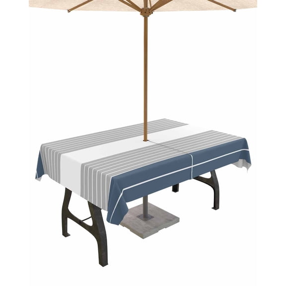 Fsddascl Haze Blue Grey Stripe Outdoor Tablecloth - 54x80 Inch Rectangle Dining Table Cover, Modern Art Horizontal Striped Waterproof Outdoor Table Cloth with Umbrella Hole & Zipper for Picnic/Patio