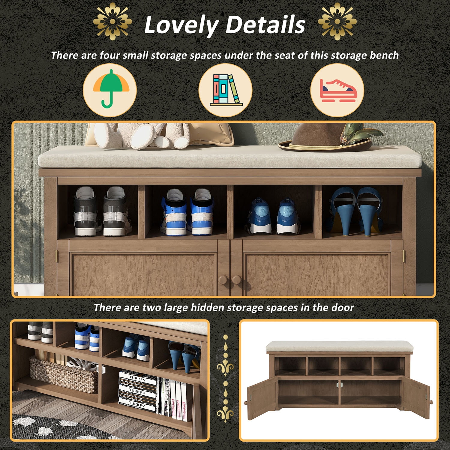 Kadyn Rustic Style Two-Door Storage Bench, Shoe Entryway Bench with Linen Upholstered Top Cushion, Pine Organizer Footrest Bench Ottoman for Entryway, Brown Kadyn Rustic Style Two-Door Storage Bench, Shoe Entryway Bench with Linen Upholstered Top Cushion, Pine Organizer Footrest Bench Ottoman for Entryway, Brown