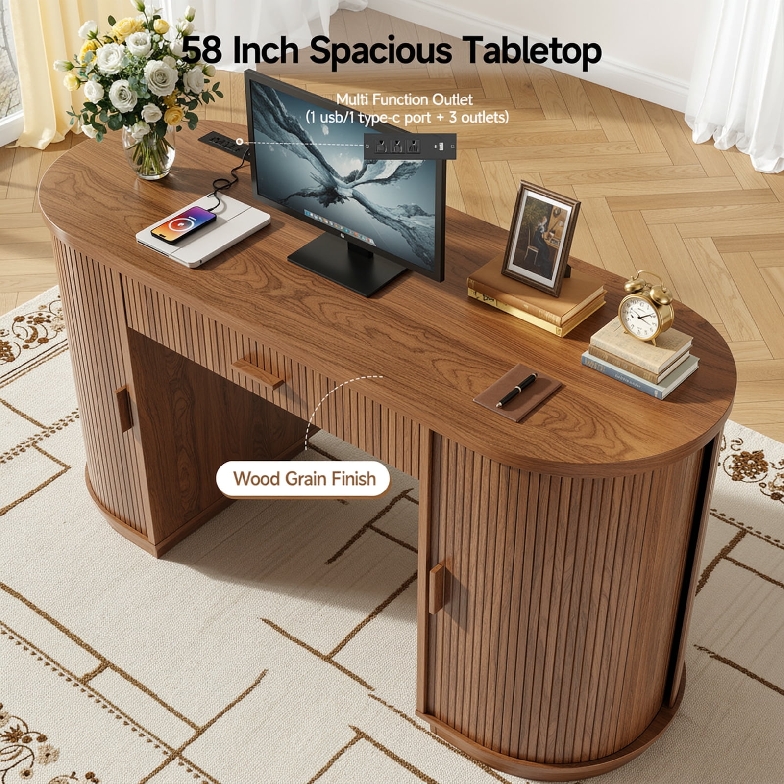 58 inch Home Office Desk with Charging Station, Fluted Executive Computer Desk with Drawers and Storage Cabinet, Large Wood Writing Table for Study, Living Room, Bedroom Workstation,Elegant Walnut