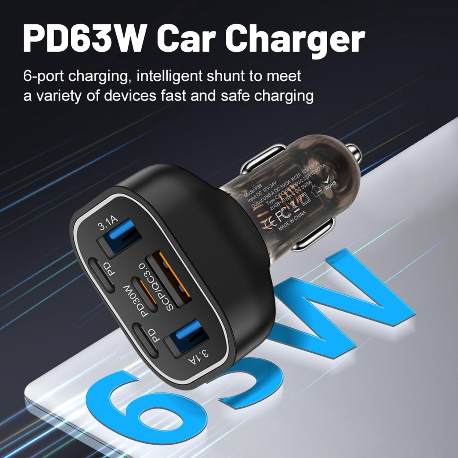 Multi port 6 Ports USB C Car Charger 12v 24v Cigarette Lighter Charger Adapter With PD30W Fast Charge Compatible with Iphone 16 15 14 13 12 11 Pro max Plus Samsung Huawei Xiaomi and more Android