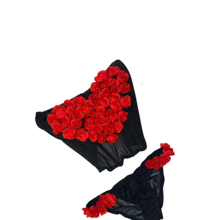 Women Valentines Day Lingerie Set Red Flower Heart Decor Mesh Off Shoulder  Tube Top Bra and Panty 