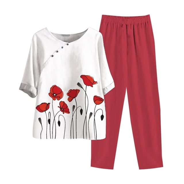 DPTALR Femmes Été Imprimé Manches Courtes Demi-Col Rond Recadré Top + Pantalons Décontractés Ensemble Deux Pièces Salon Ensemble