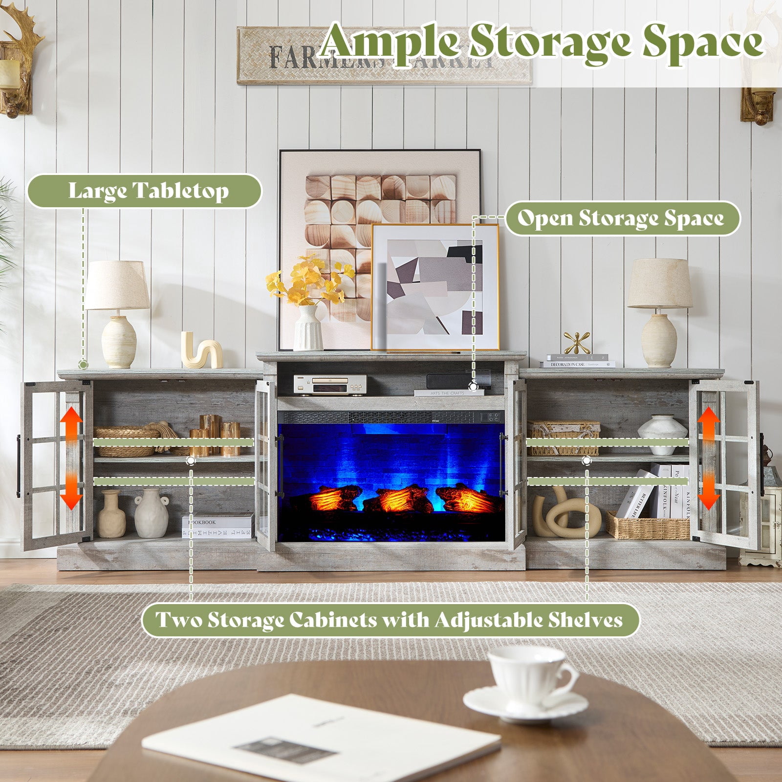 Merluxy 97" Farmhouse Fireplace TV Stand, Entertainment Center with Large Storage Space and Adjustable Shelf for Living Room, Light Grey