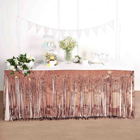 

Efavormart 30 x9FT Metallic Foil Fringe Table Skirt Self Adhesive Party Table Skirt - Blush | Rose Gold