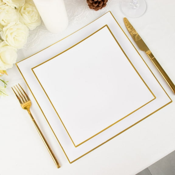 Efavormart 10 Pack | 8" White / Gold Concave Square Hard Plastic Dessert Plates, Disposable Salad Appetizer Party Plates