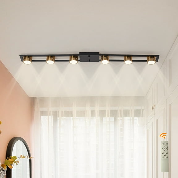 Ganeed Modern Ceiling Light Track Lighting Fixtures, 48.4 Inch Adjustable Dimmable LED Kitchen Ceiling Light with Remote 6-Light Black LED Chandelier for Dining Room Bedroom