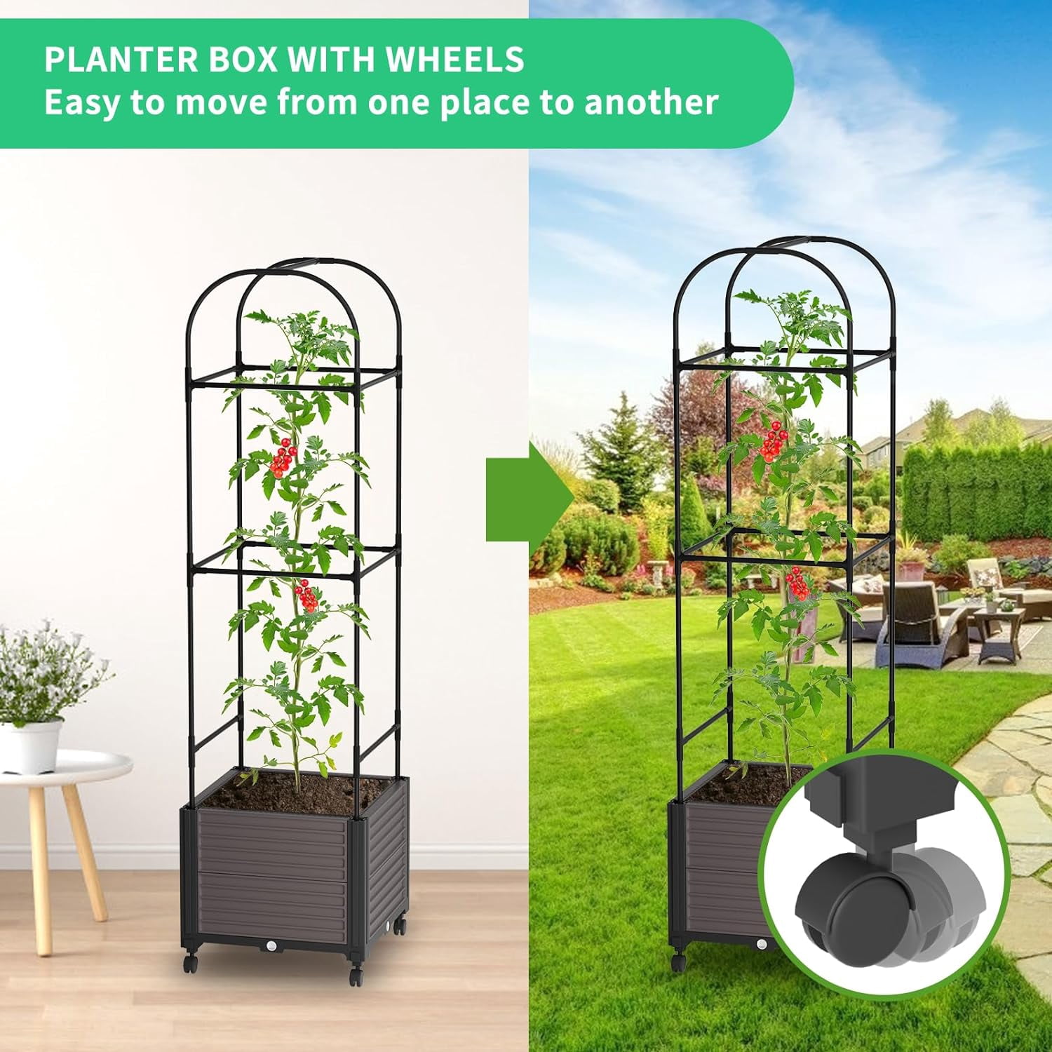 FISICOG Planter Box with Trellis & Wheels, Garden Bed for Climbing Plants Outdoor Indoor, Self Watering Raised Garden Bed Tomato Cage Planter Box for Vegetables Herbs Flowers