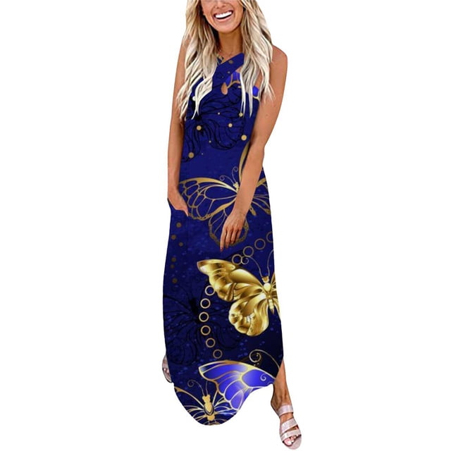 Robe de Plage Femme Décontractée Ample Été Imprimée Longue Robe de Plage Col en V Sans Manches Robes Femmes Été Décontractée en Solde