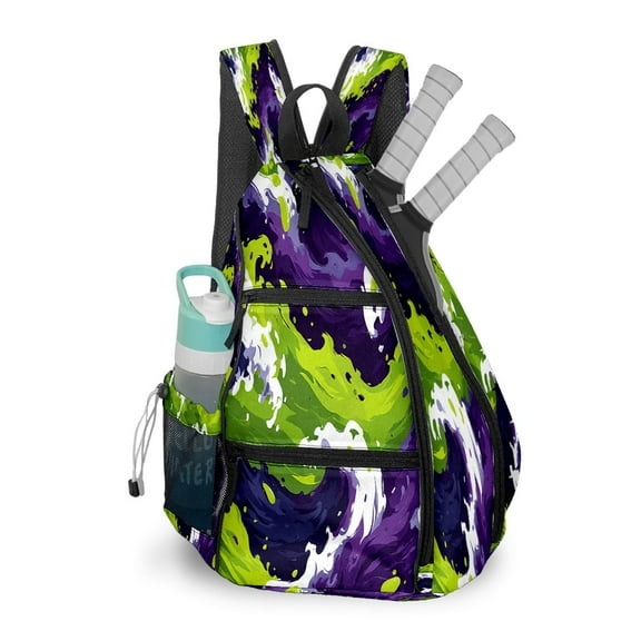 Pickleball Bag with Padded Back, Waves Purple Green Multi-Compartment Paddle Backpack, Lightweight Nylon Sports Bag for Men & Women