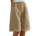 thumbnail image 2 of Horkkom Linen Shorts for Women Summer Elastic Waist Bermuda Shorts Casual Solid Color Button Beach Pants with Pockets Brown S, 2 of 5