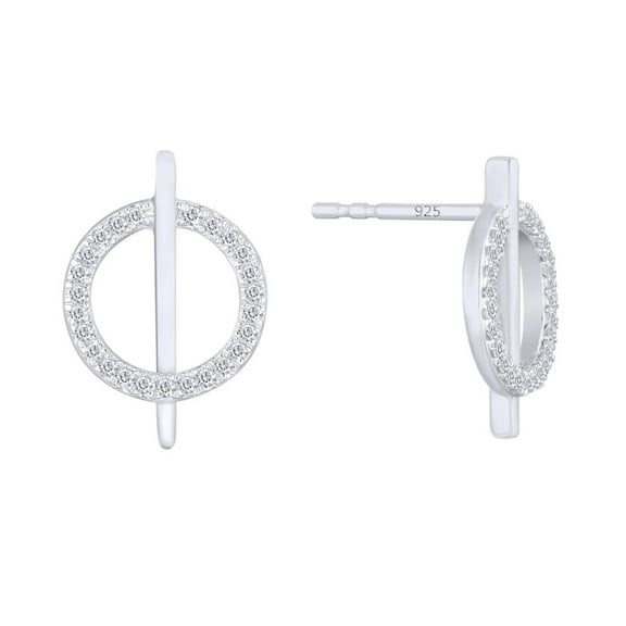 Natural Diamond Accent Circle Bar Line Stud Earrings For Women in 14K White Gold Plated Sterling Silver (1/10 cttw,I-J Color,I2-I3 Clarity)