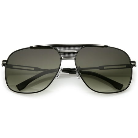 Oversized Aviator Sunglasses Perforated Triple Crossbar Square Lens 60mm (Black Silver / Smoke Green)