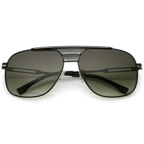 Oversized Aviator Sunglasses Perforated Triple Crossbar Square Lens 60mm (Black Silver / Smoke Green)