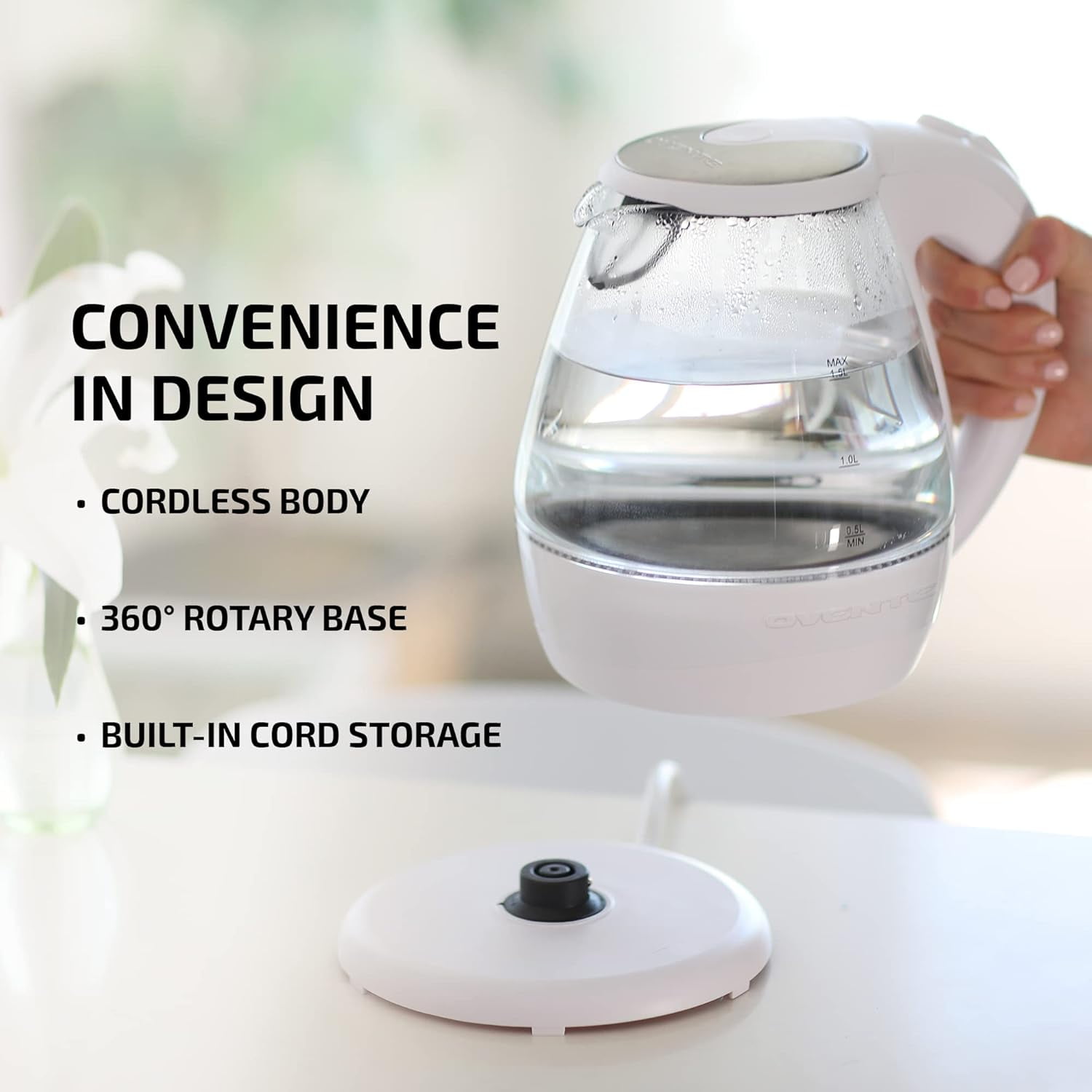 OVENTE 1.5L Glass Electric Kettle with Blue LED Light, 1100W Lighted Countertop Water Heater and Boiler for Coffee or Tea, Auto Shut-Off, Boil Dry Protection and Stainless Steel Lid, White KG845W