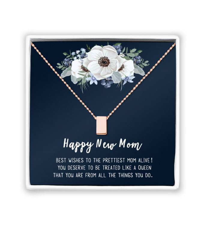 Happy New Mom Mother's Day Necklace, Mother's Day Gift for Her, Silver Cube Necklace, Mother's Day Card and Necklace, Gift for Mom with Gift Box Ship Next Day! [Rose Gold Cube, No-Personalized Card]