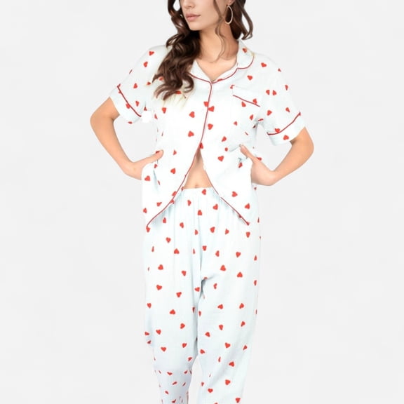 Women's Red Heart Print Pajama Set with Short Sleeve Button-Up Top and Relaxed Fit Elastic Waist Pants - Light Blue, Small