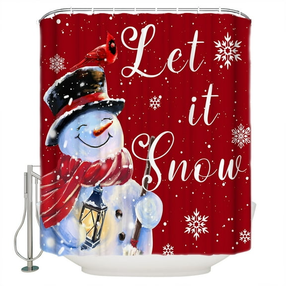 Red Winter Shower Curtain, 48" x 72", Christmas Cardinal Bird Snowman Waterproof Bathroom Curtain Washable Shower Curtain Set with 12 Hooks