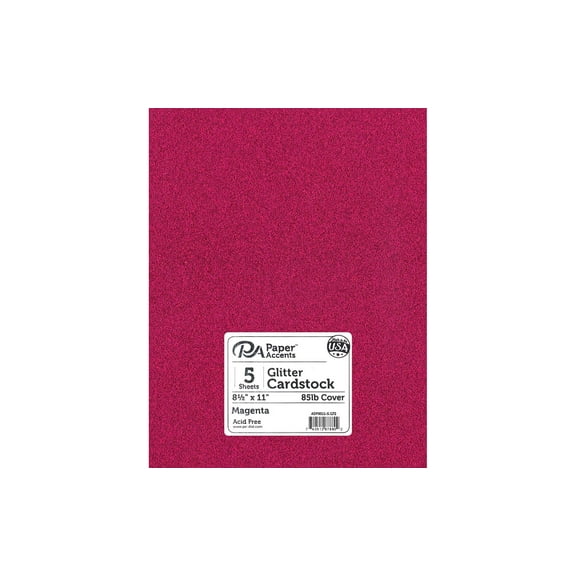 PA Paper Accents Glitter Cardstock 8.5" x 11" Magenta, 85lb colored cardstock paper for card making, scrapbooking, printing, quilling and crafts, 5 piece pack