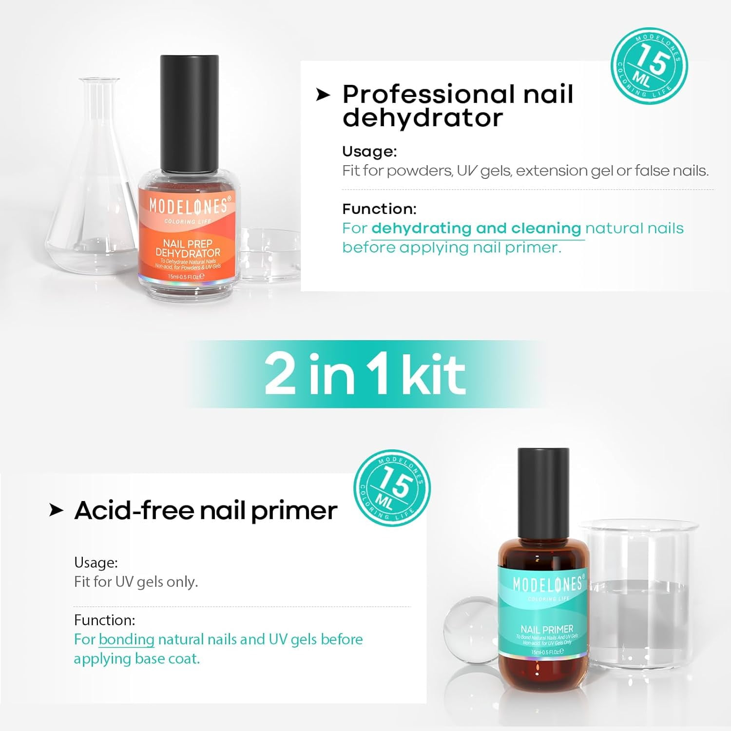 modelones 15 ml Nail Dehydrator and Primer, Acid Free Natural Nail Prep Dehydrate & Bond Primer Kit, Hema-Free Acrylic Nail Supplies Primer