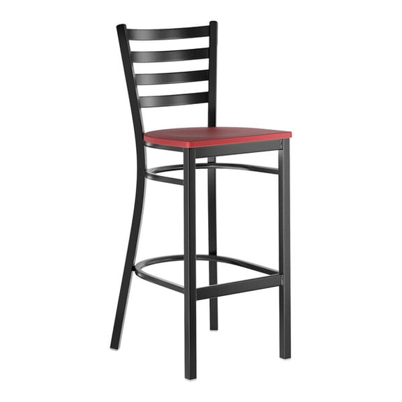 Black Ladder Back Metal Restaurant Barstool with Mahogany Wood Seat - Commercial Quality Metal Restaurant Barstool