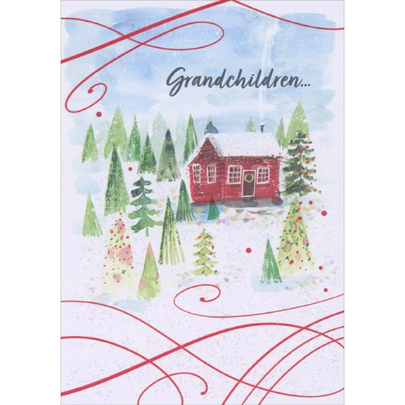 Designer Greetings Red Cabin in Snowy Forest and Red Swirls Christmas Card for Grandchildren