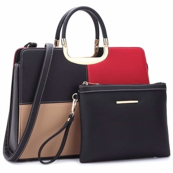 Womens Handbag Top Handle Shoulder Bag Tote Satchel Purse Work Bag with Matching Wallet (1-Black/Beige+Red) Large