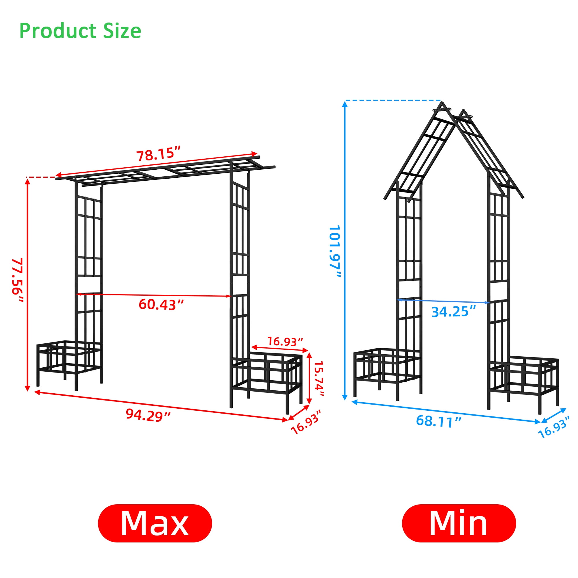 Garden Arch with Adjustable Width W68.11"-W94.29" Climbing Plants Support Rose Arch Outdoor Black