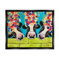 Stupell Industries Farm Cattle Cows Bright Flower Petals Green Planks Painting Jet Black Floating Framed Canvas Print Wall Art, Design by Karrie Evenson