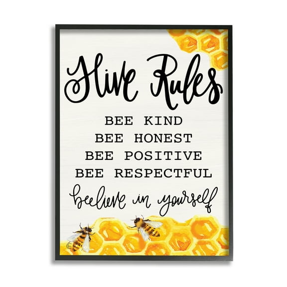 Stupell Industries Hive Rules Bee Phrase Animals & Insects Painting Black Framed Art Print Wall Art, 11 x 14