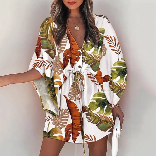 Summer Casual Boho Dresses Women's Flora Printed Batwing Sleeve Lace-Up Dress Female Irregular Sexy Beach Mini Dresses VestidosL Gao Jinjia LED