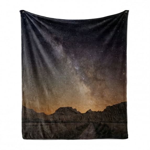 Night Soft Flannel Fleece Blanket, Milky Way over Desert of Bardenas Spain Ethereal View Hills Arid Country, Cozy Plush for Indoor and Outdoor Use, 50" x 70", Plum Apricot Chocolate, by Ambesonne