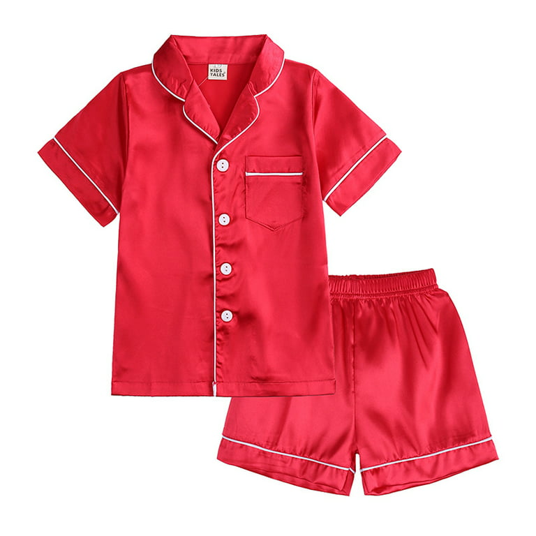 Boys Girls Short Silk Pajamas Set,Classic Satin Pajamas for Toddler,Kids 2  Piece Button-Down Short Sleeve Sleepwear 4-5Y Red