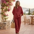 thumbnail image 5 of Textilo Women's Cotton Linen 2 Piece Sets Batwing Sleeve Shirt and Wide Leg Pants Outfit Button V Neck Sets Travel Summer Trendy Vacation Loose-Fit Casual Tracksuit,Wine M, 5 of 6