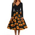 thumbnail image 4 of Women's Halloween Dress Pumpkin Ghost Long Sleeve Hepburn 1950s Funny Dresses V Neck Cocktail Retro Casual Tea Length Dress with Belt XL, 4 of 5