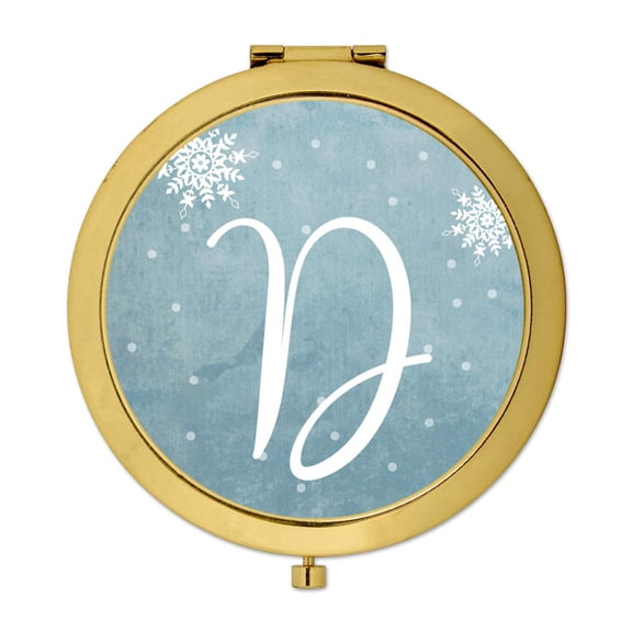 Koyal Wholesale Gold Compact Mirror Bridesmaid's Wedding Gift, Blue Winter Snowflakes, Monogram Letter D, 1-Pack