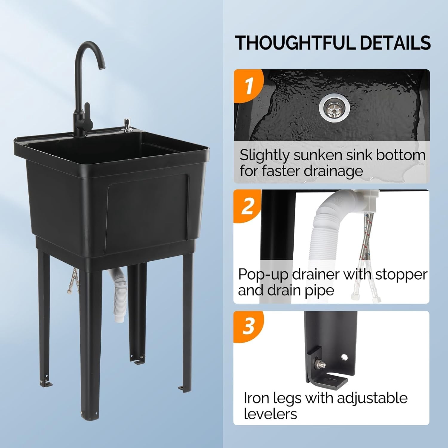 SONGMY Utility Sink Laundry Tub for Washing Room, Freestanding Utility Sink with Stainless Steel Faucet,Black,19.69"L x 18.9"W x 46.85"H