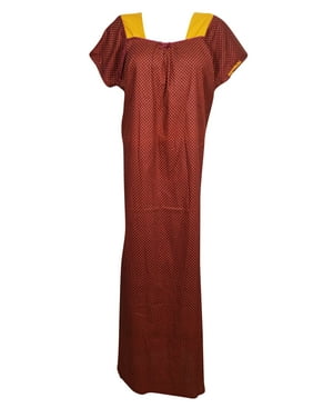 Mogul Women Maroon Caftan Maxi Dress Printed Night Wear Nightgown House Dresses L