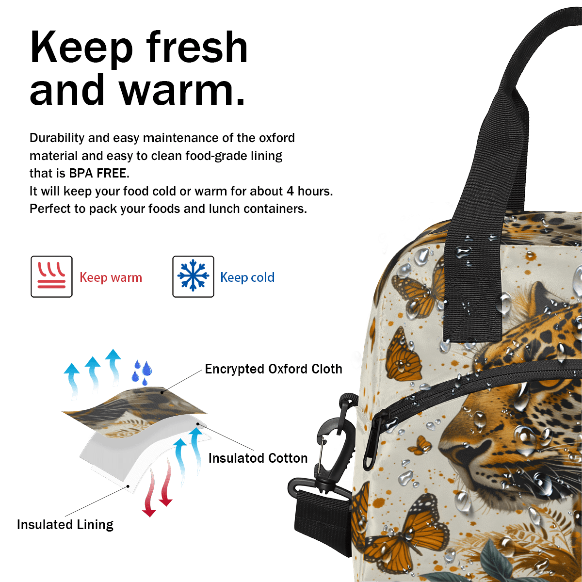 Herdesigns Leopard Insulated Lunch Bag for Women Men Adults Large Reusable Lunch Box Butterfly Leopard Print Leakproof Cooler Tote Bags with Adjustable Shoulder Strap