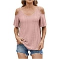 thumbnail image 2 of Fanxing Cold Shoulder Tops for Women Cutout Eyelet Blouses Short Sleeve T Shirts 2025 Summer Trendy Ruffle Sleeve Tunics Tees Shirt Pink,S, 2 of 8