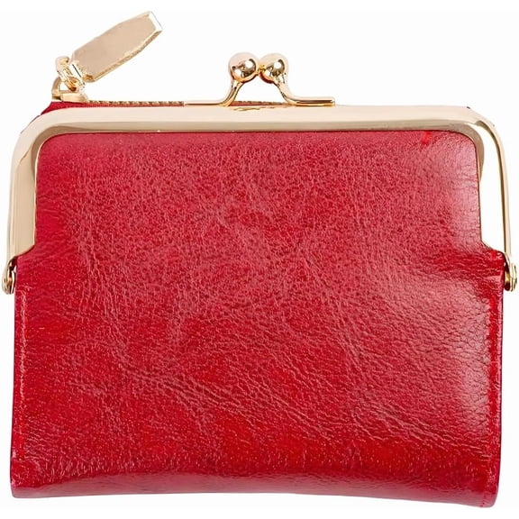 4.96 x 4.37 Inch PU Leather Small Kiss Lock Wallet Ladies Compact Bifold Coin Purse RFID Blocking Vintage Rectangle Wallet With Zipper for Women Travel Money Organizer (Red)