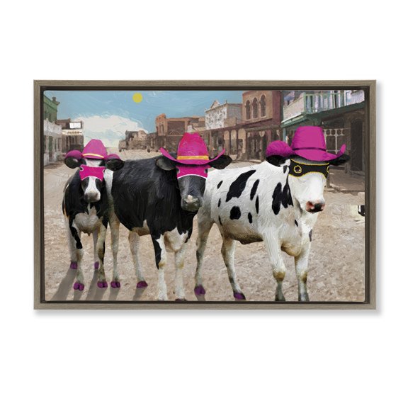 Stupell Industries Superhero Cows in Town Scenery Painting Brown Floater Framed Canvas Art Print Wall Art, 25 x 17