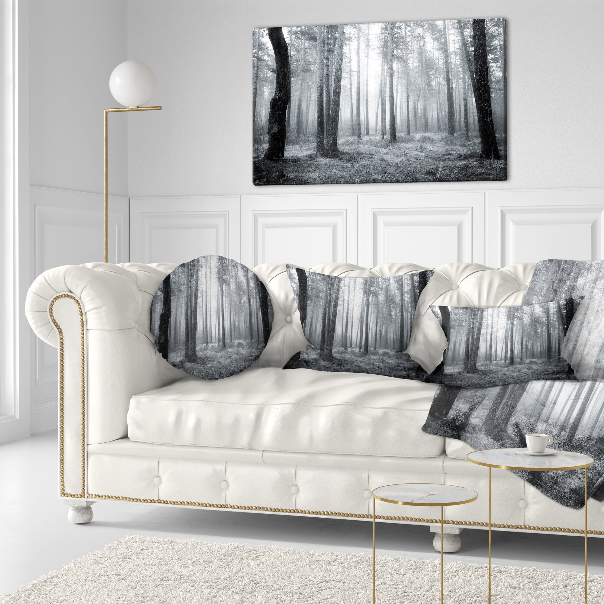 Designart Black and White Foggy Forest - Forest Throw Pillow - 12x20