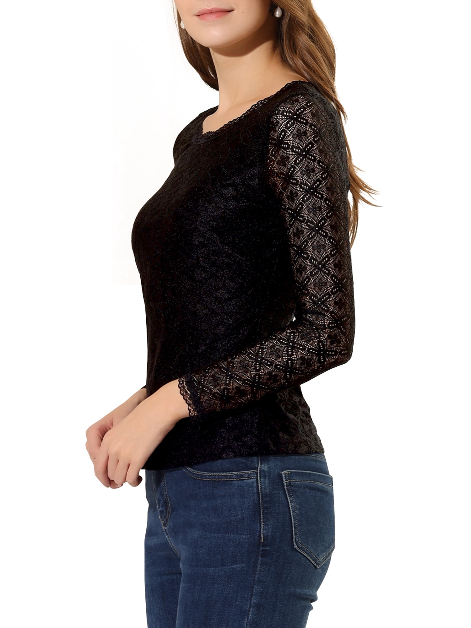 DARING DIVA Sheers Flower Embroidery Lace Top M Black
