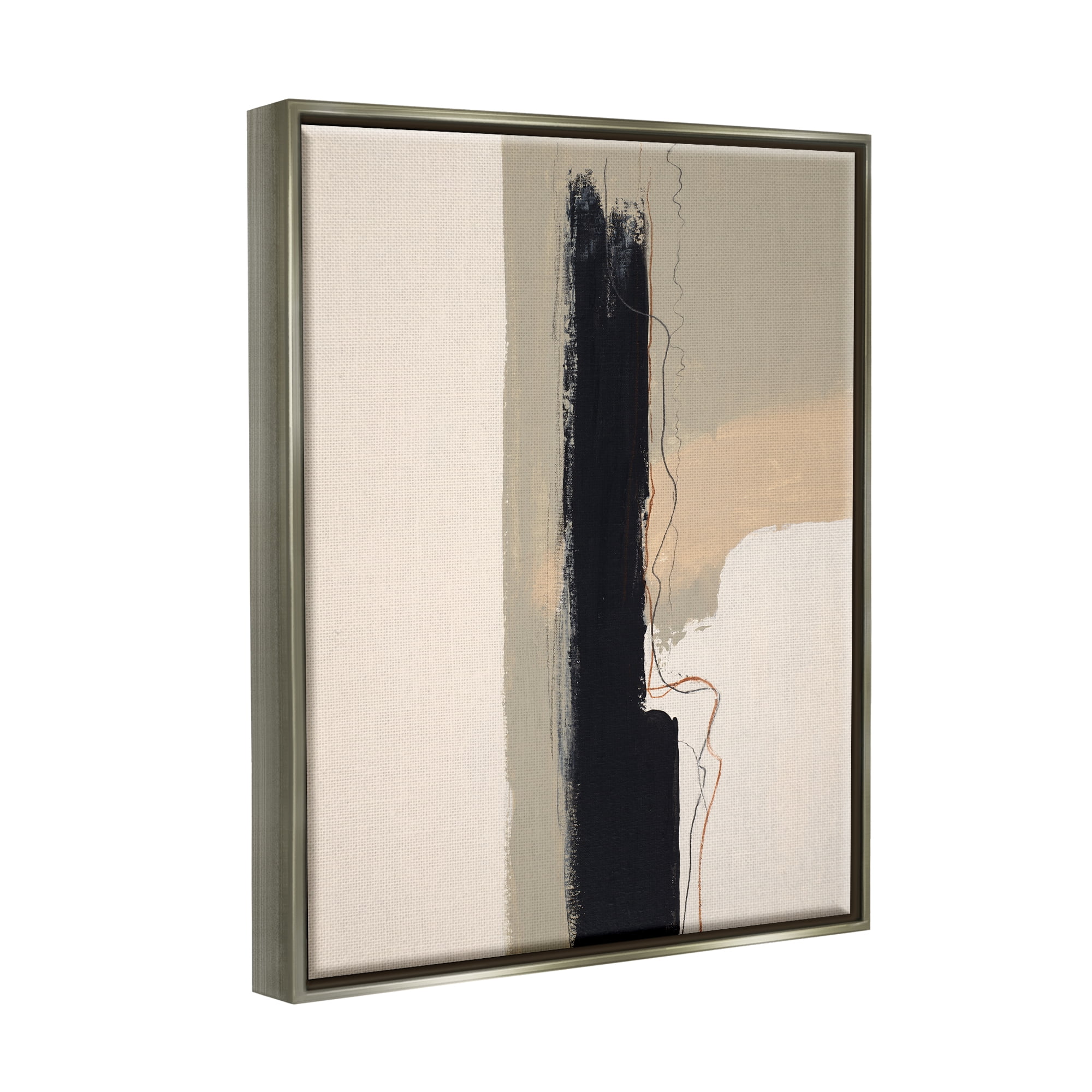 Stupell Industries Modern Black Streak on Beige Abstract Painting Gray Floater Framed Canvas Art Print Wall Art, 25 x 31