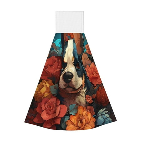

Zufioo Vintage Colorful Flower French Bulldog Print Coral Fleece Velcro Hand Towel Hangable Absorbent Hand Towel Suitable for Kitchen Bathroom Household Items