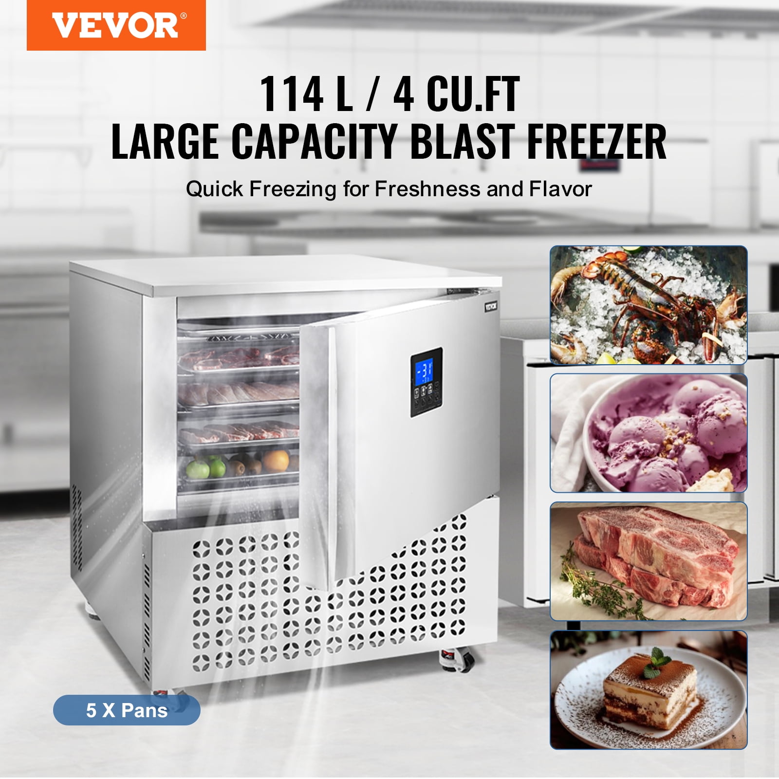 VEVOR Commercial Blast Freezer, 114 L / 4 Cu.ft Blast Chiller with 5 Trays, Blast Chiller Freezer Chest with 4 Freezing Modes, Stainless Steel Food Blast Freezer with Casters for Restaurant, Seafood